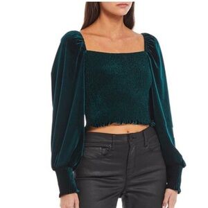 GIANNI BINI EMERALD GREEN VELVET  SQUARE NECK SMOCKED BODICE BLOUSE SZ LG NWTS